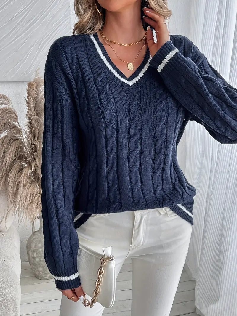 Alison | Women's V-Neck Cable Knit Sweater - Image 4