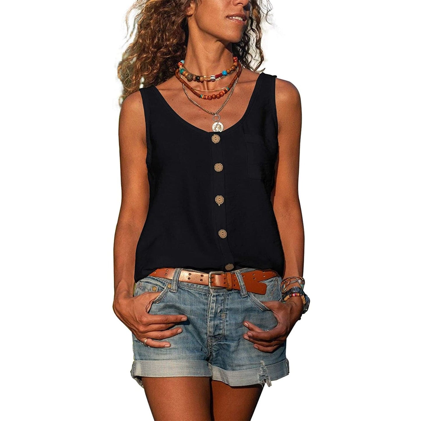 Alma hansen | Sleeveless V-Neck Button Blouse - Casual Summer Style - Image 7