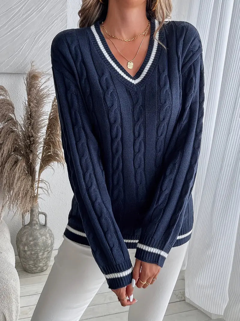 Alison | Women's V-Neck Cable Knit Sweater - Image 2