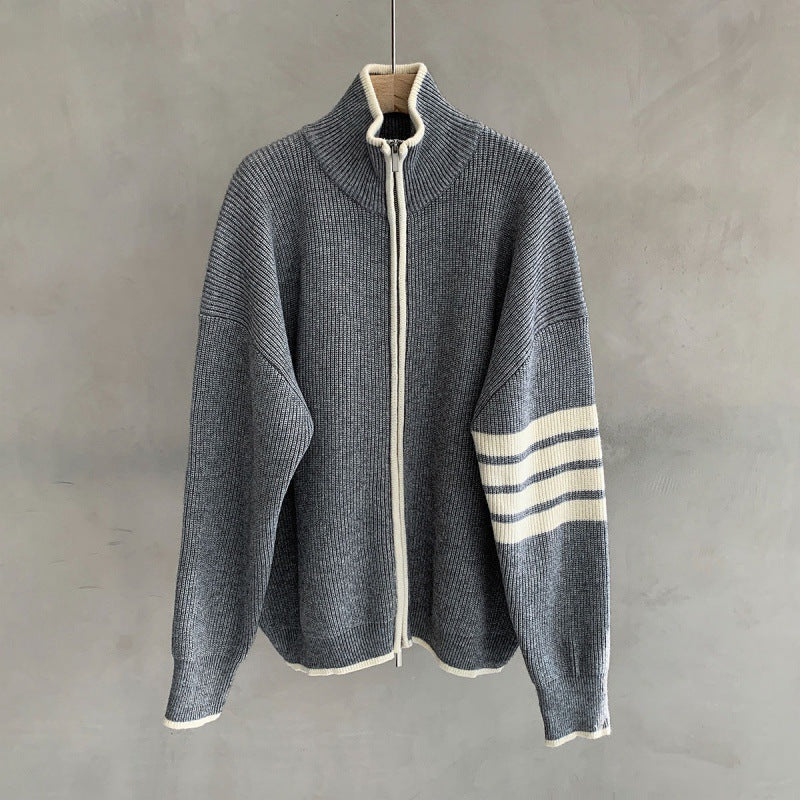 Ryan | Men's Zip-Up Striped Sleeve Sweater - Image 3