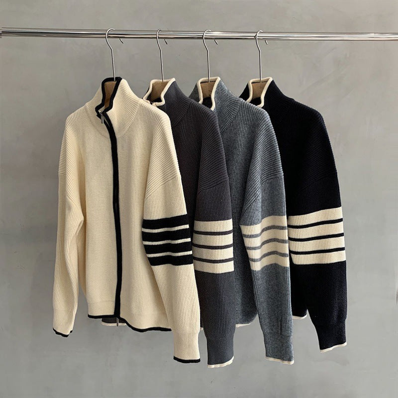 Ryan | Men's Zip-Up Striped Sleeve Sweater - Image 4