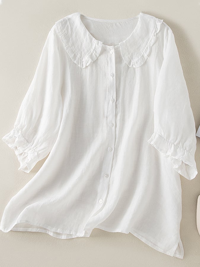 Lillian | Women's Stylish Cotton Linen Loose Ruffled Neck Shirt - Image 2