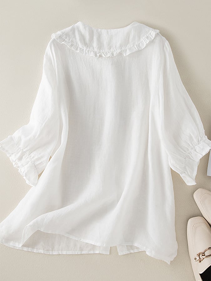 Lillian | Women's Stylish Cotton Linen Loose Ruffled Neck Shirt - Image 3