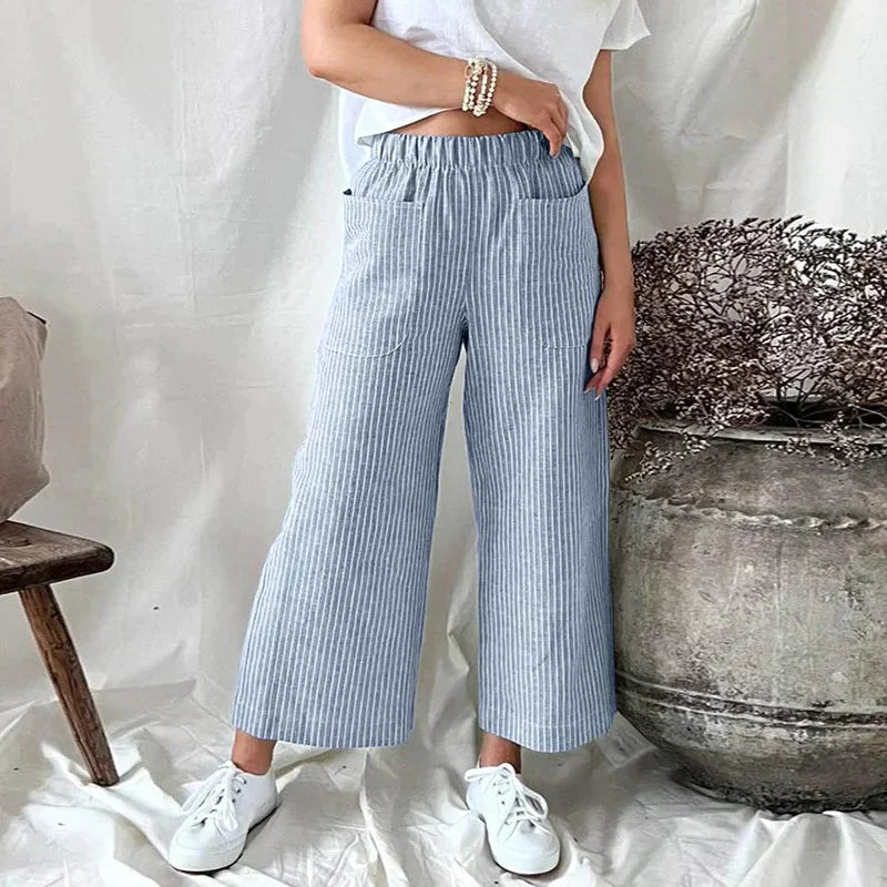 Devon | Stylish Women's Wide Leg Pants with Elastic Waist – Light, Striped & Comfortable for Everyday Wear - Image 4
