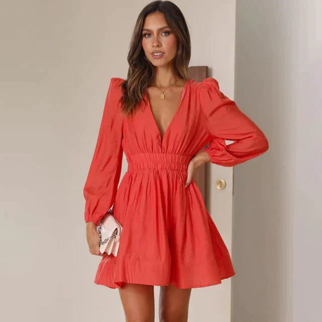 Josephine | Elegant Short Dress with Puff Sleeves & Elastic Waist - Image 5