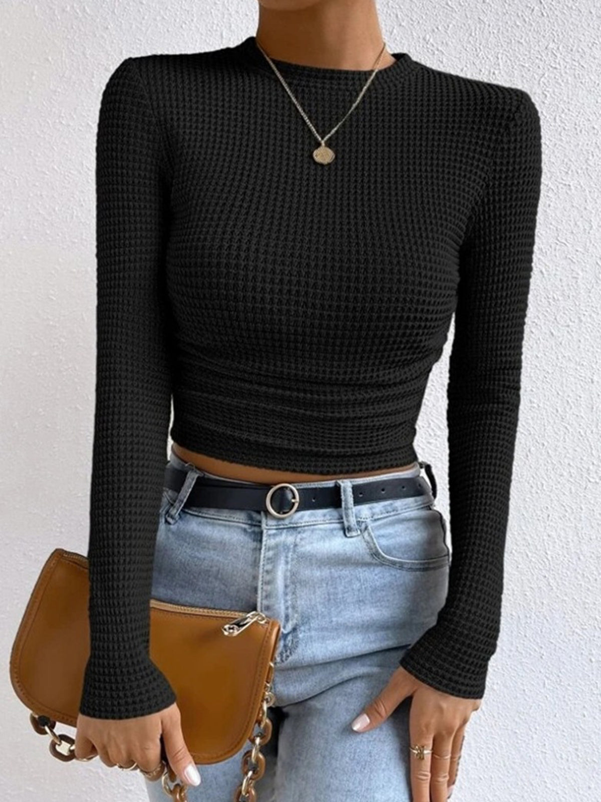 Sage | Women's Fitted Waffle Knit Long Sleeve Top - Image 8