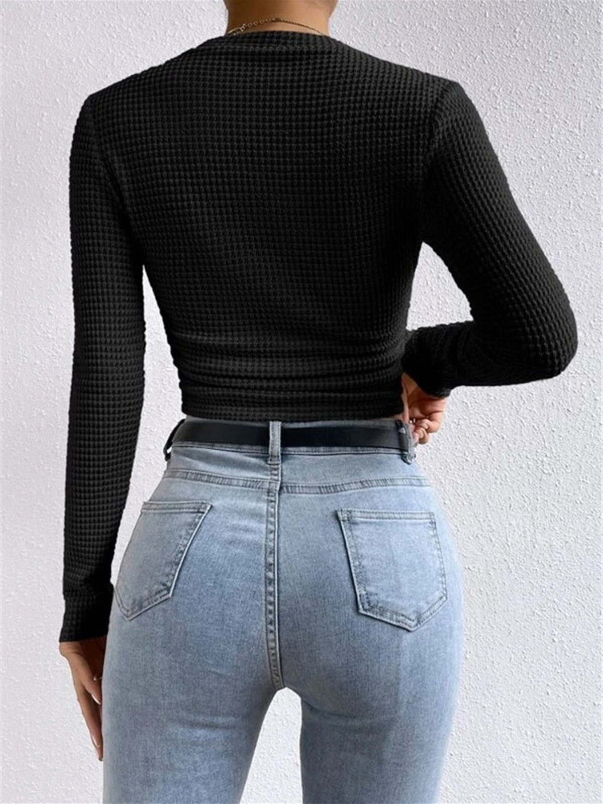 Sage | Women's Fitted Waffle Knit Long Sleeve Top - Image 9