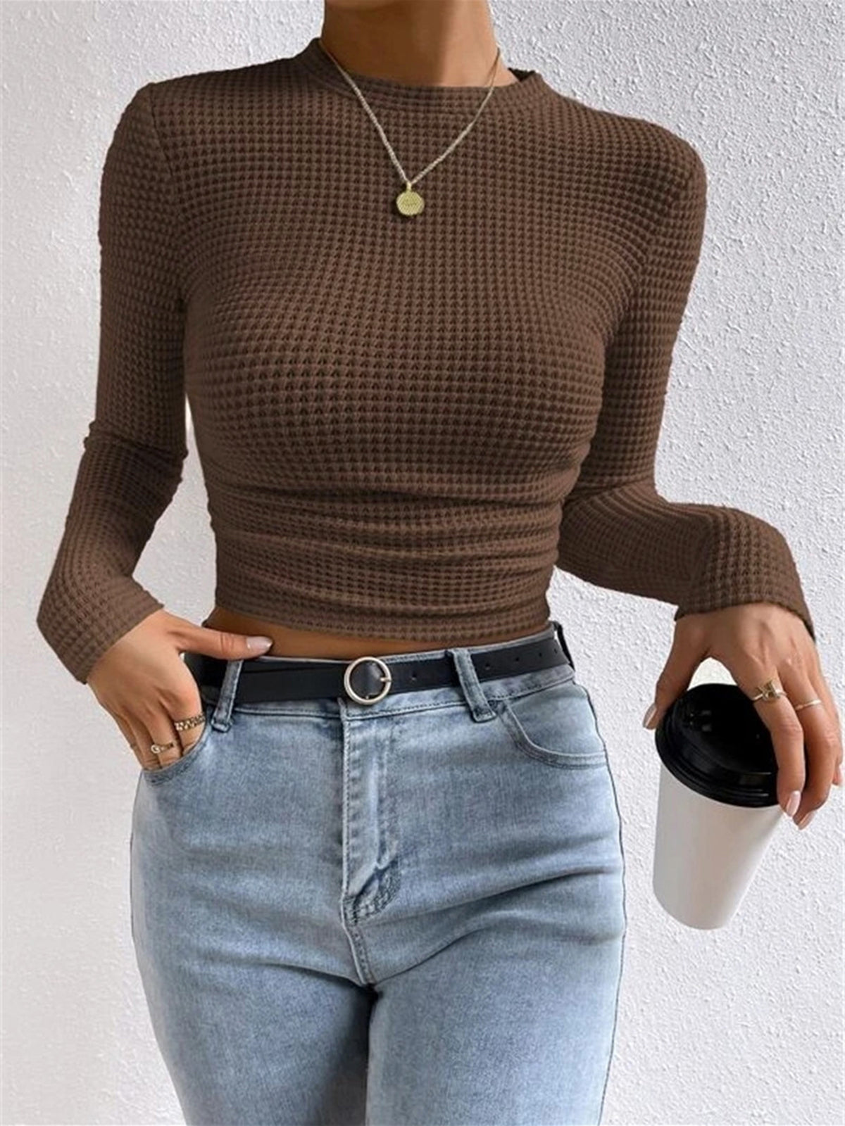 Sage | Women's Fitted Waffle Knit Long Sleeve Top - Image 13