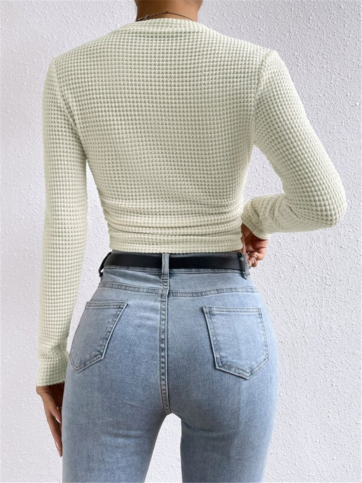 Sage | Women's Fitted Waffle Knit Long Sleeve Top - Image 4
