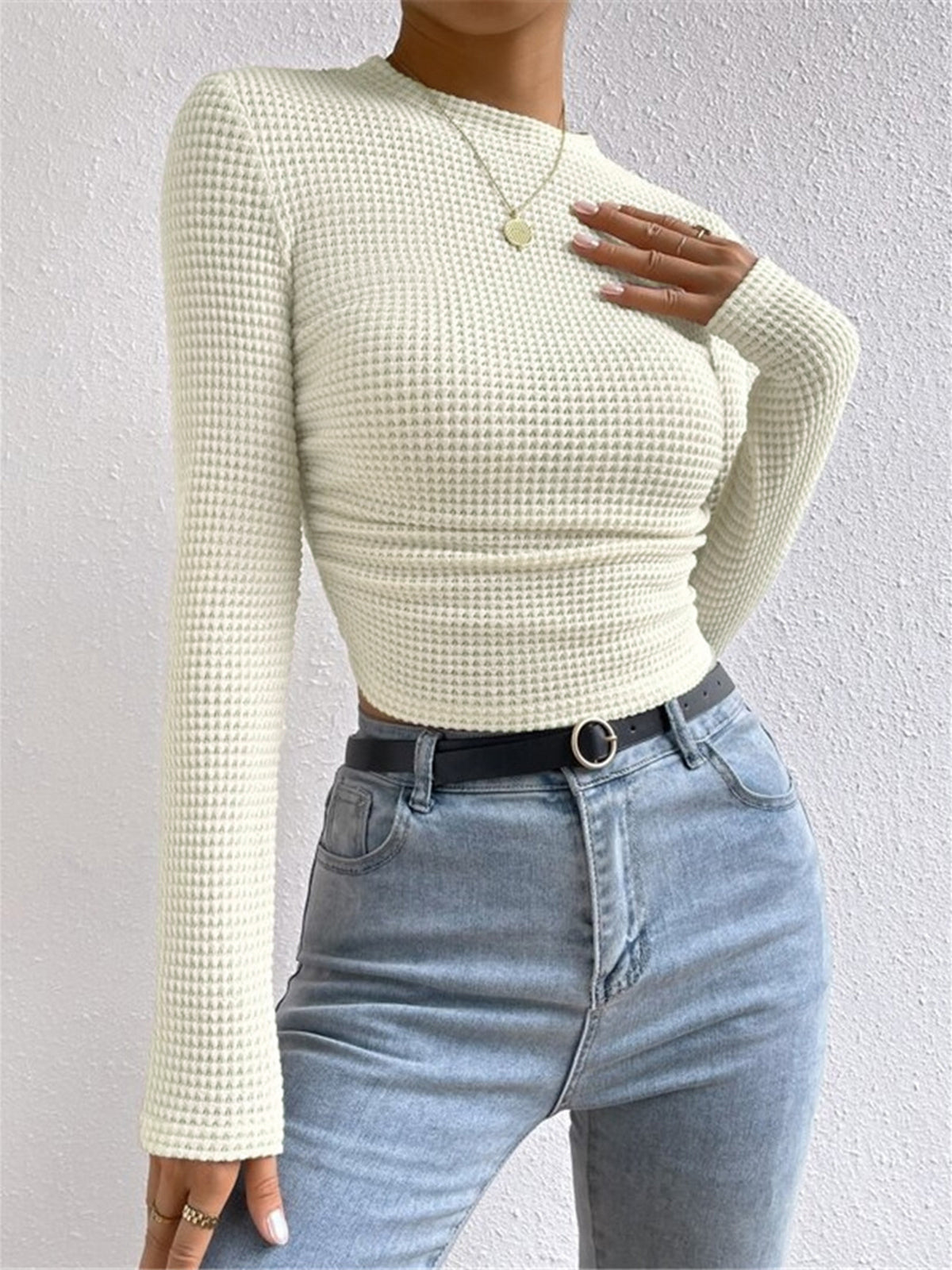 Sage | Women's Fitted Waffle Knit Long Sleeve Top - Image 2