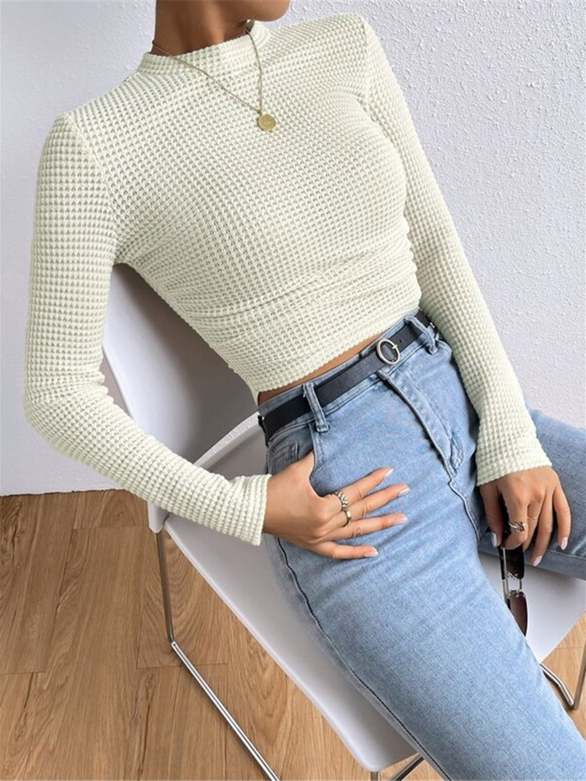 Sage | Women's Fitted Waffle Knit Long Sleeve Top - Image 3