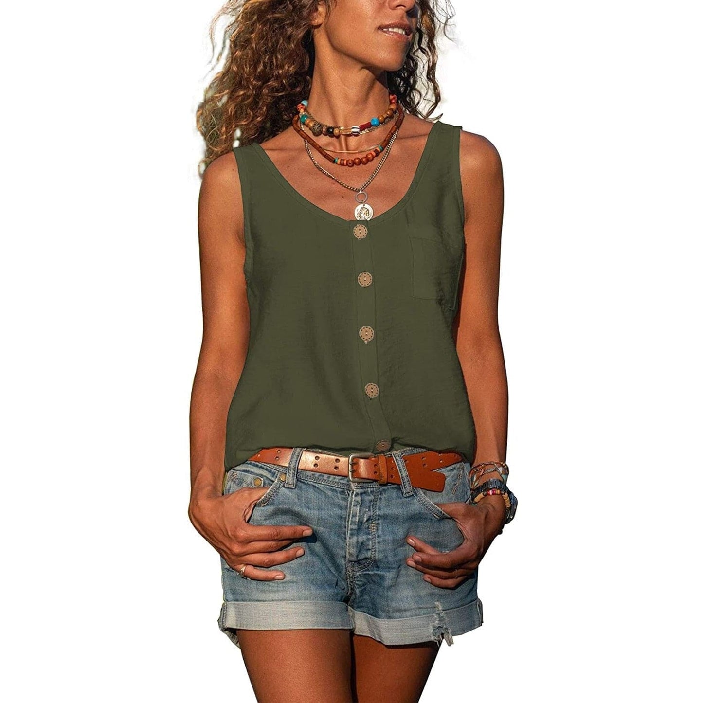 Alma hansen | Sleeveless V-Neck Button Blouse - Casual Summer Style - Image 3