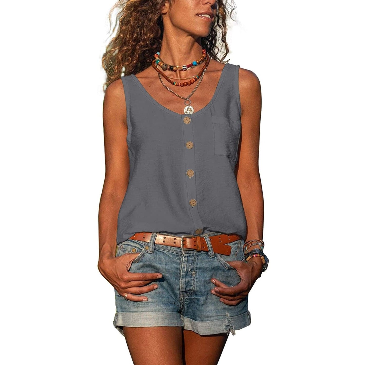 Alma hansen | Sleeveless V-Neck Button Blouse - Casual Summer Style - Image 5