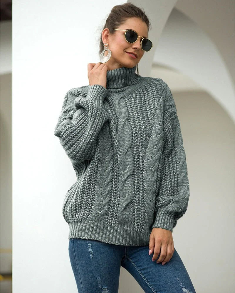 Hazel | Women's Oversized Cable Knit Turtleneck Sweater - Image 3
