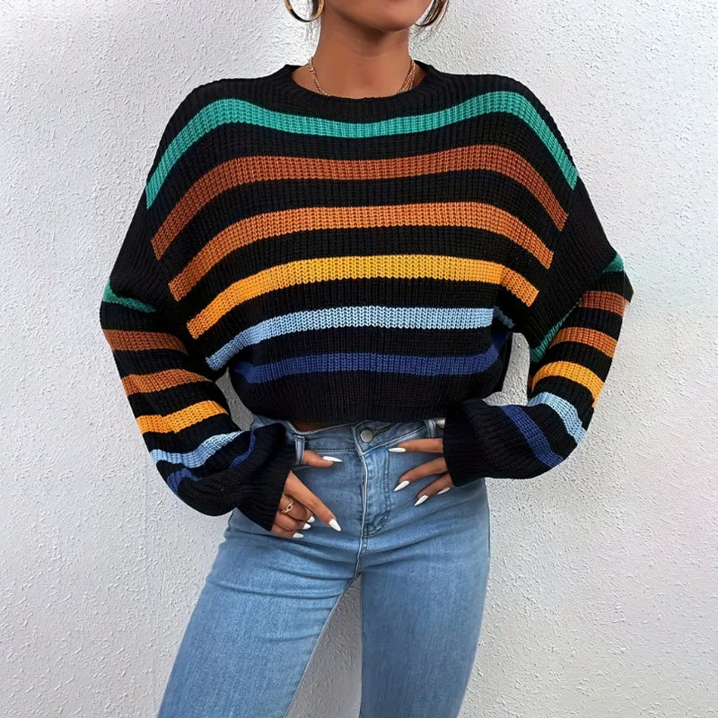 Amber | Women's Cropped Striped Sweater - Image 1