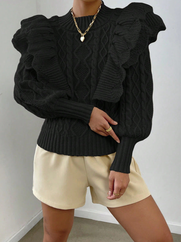 Kylie | Women's Ruffle Cable Knit Long Sleeve Sweater - Image 4