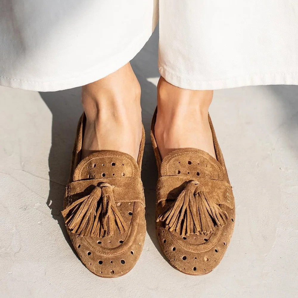 Sally | Perforated Suede Loafers with Tassel Detail - Image 1