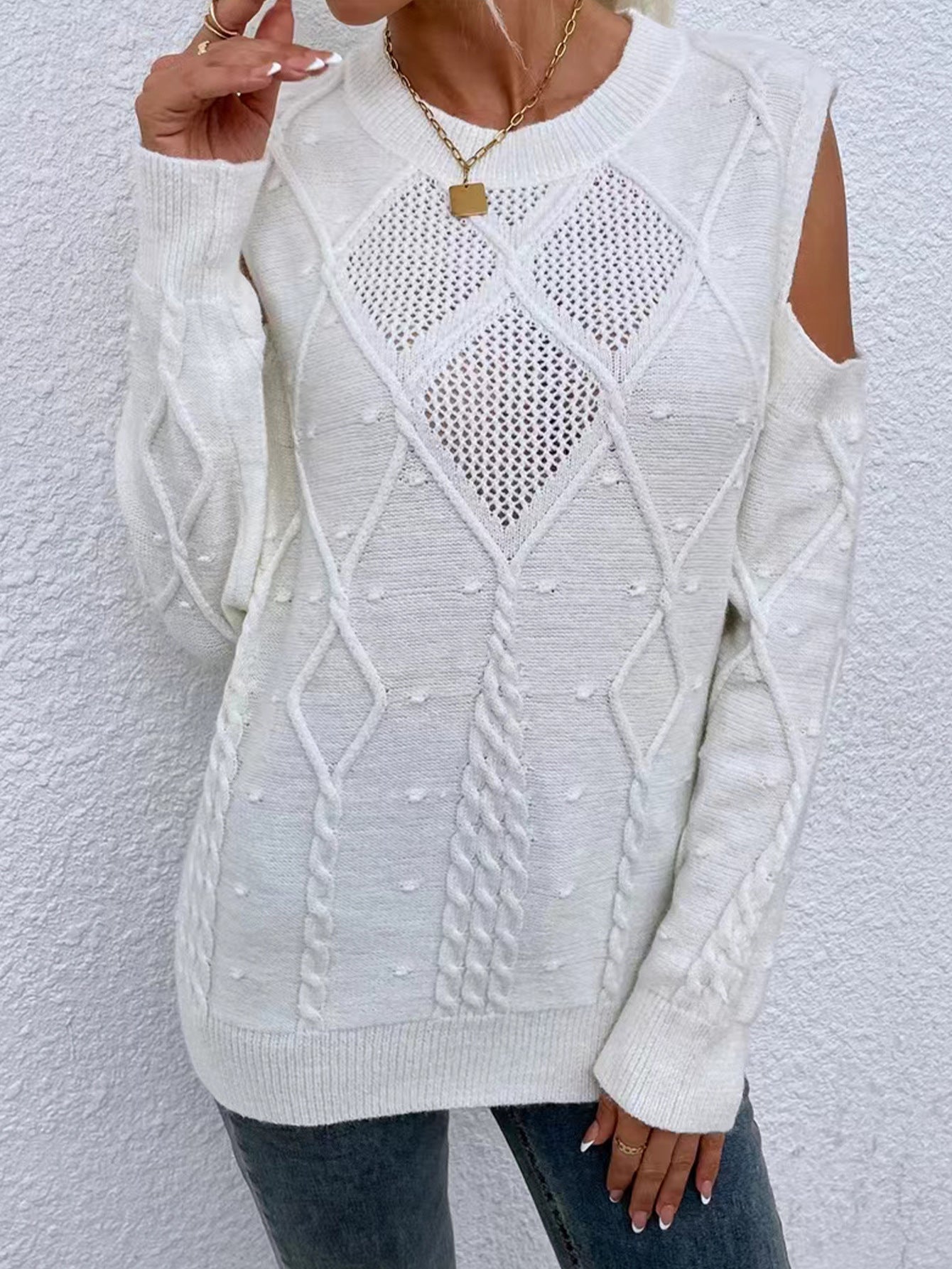 Sage | Women's Cold Shoulder Cable Knit Sweater - Image 4