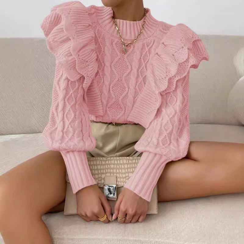 Kylie | Women's Ruffle Cable Knit Long Sleeve Sweater - Image 3