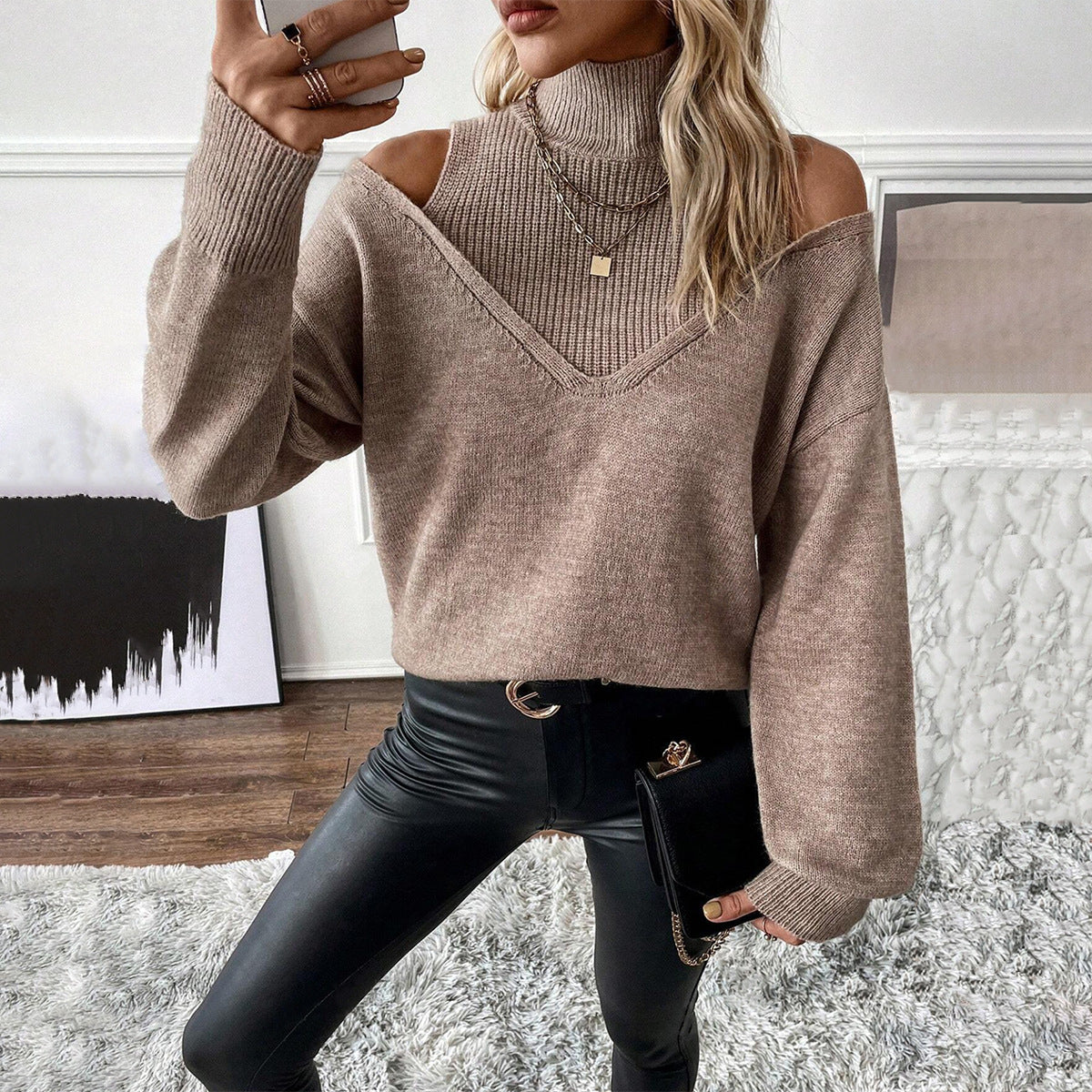 Noelle | Women's Cold Shoulder Turtleneck Sweater - Image 1