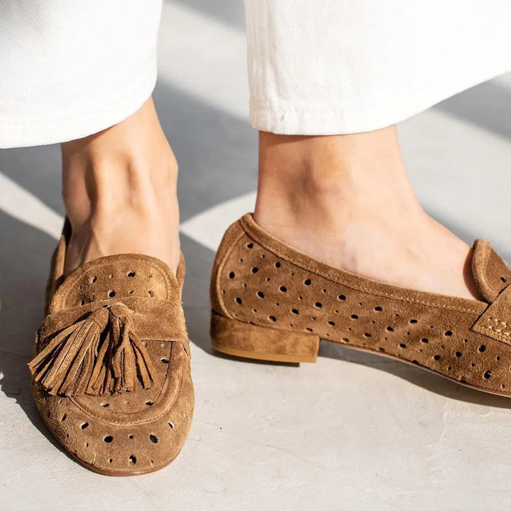 Sally | Perforated Suede Loafers with Tassel Detail - Image 2