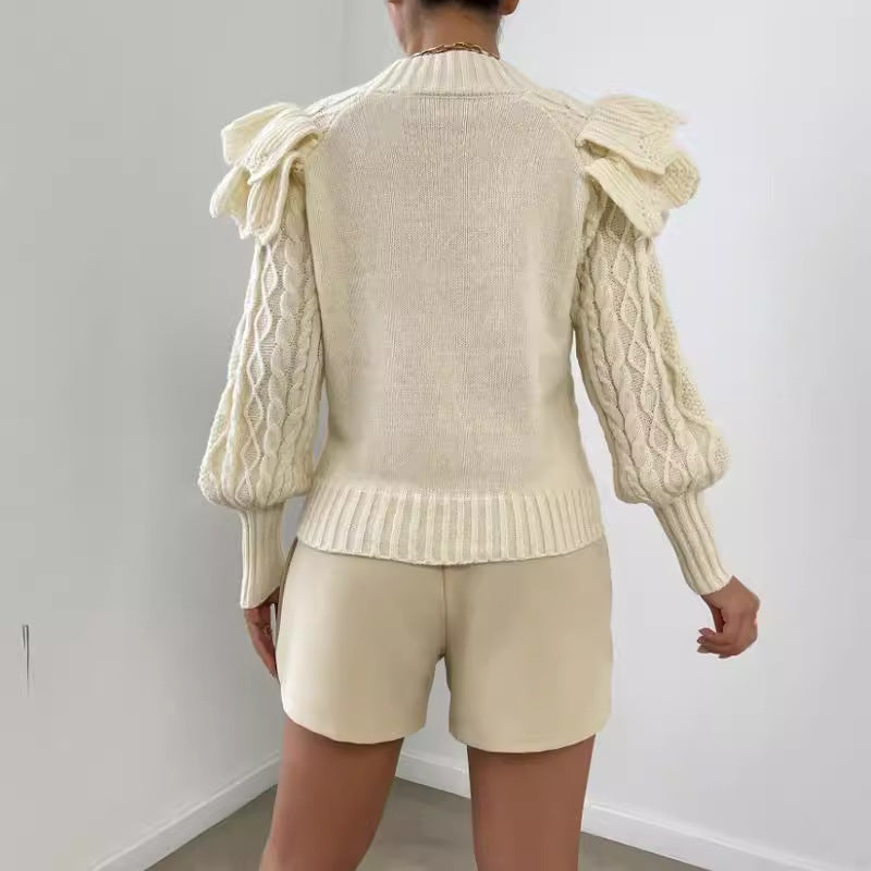Kylie | Women's Ruffle Cable Knit Long Sleeve Sweater - Image 2
