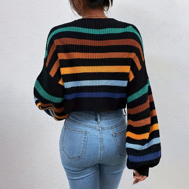Amber | Women's Cropped Striped Sweater - Image 2