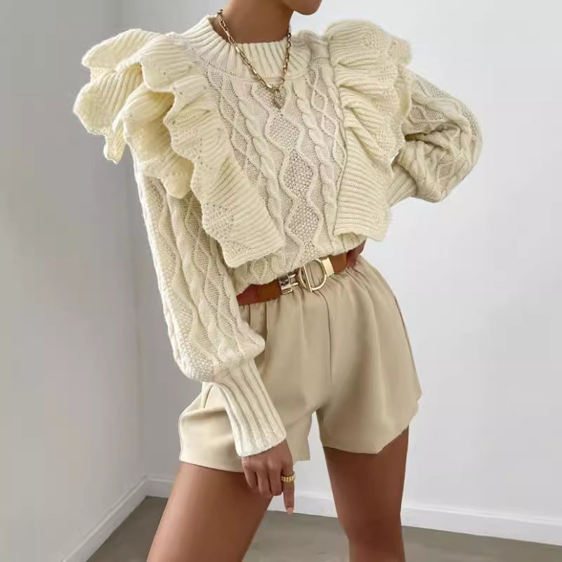 Kylie | Women's Ruffle Cable Knit Long Sleeve Sweater - Image 1