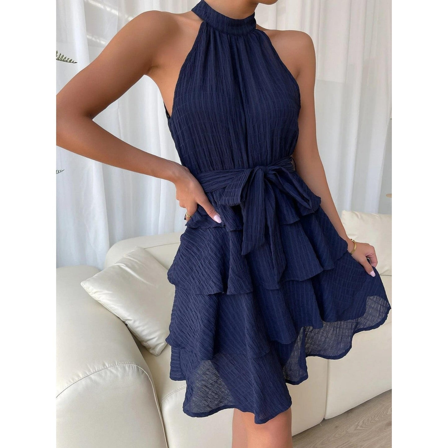 Daniela | Boho short dress with flounces - backless, halterneck & waist belt for summer & festival - Image 1