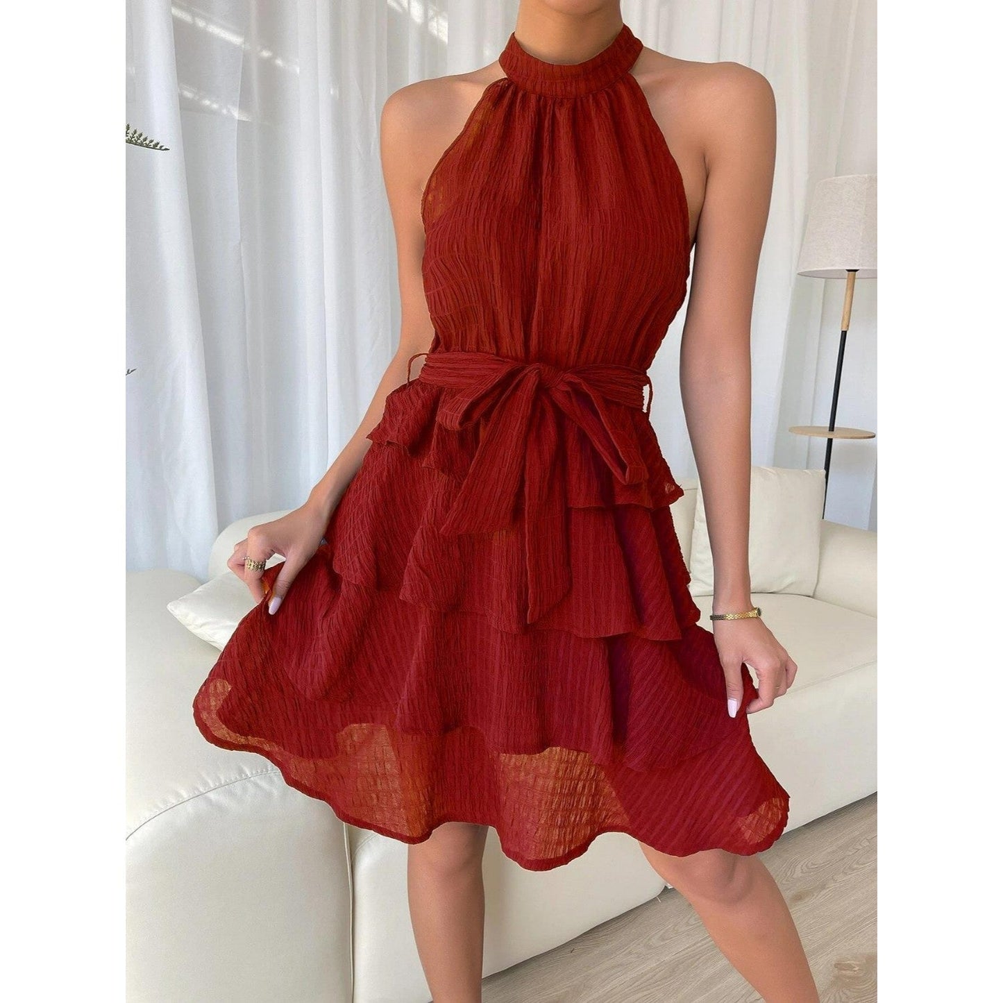 Daniela | Boho short dress with flounces - backless, halterneck & waist belt for summer & festival - Image 3