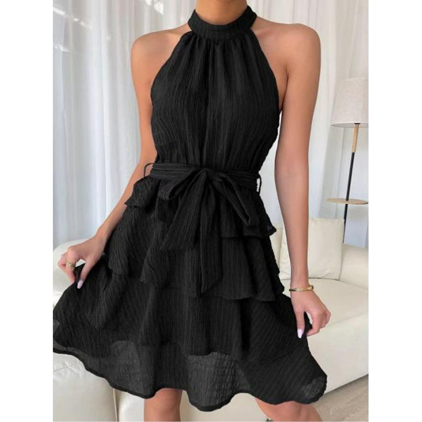 Daniela | Boho short dress with flounces - backless, halterneck & waist belt for summer & festival - Image 4