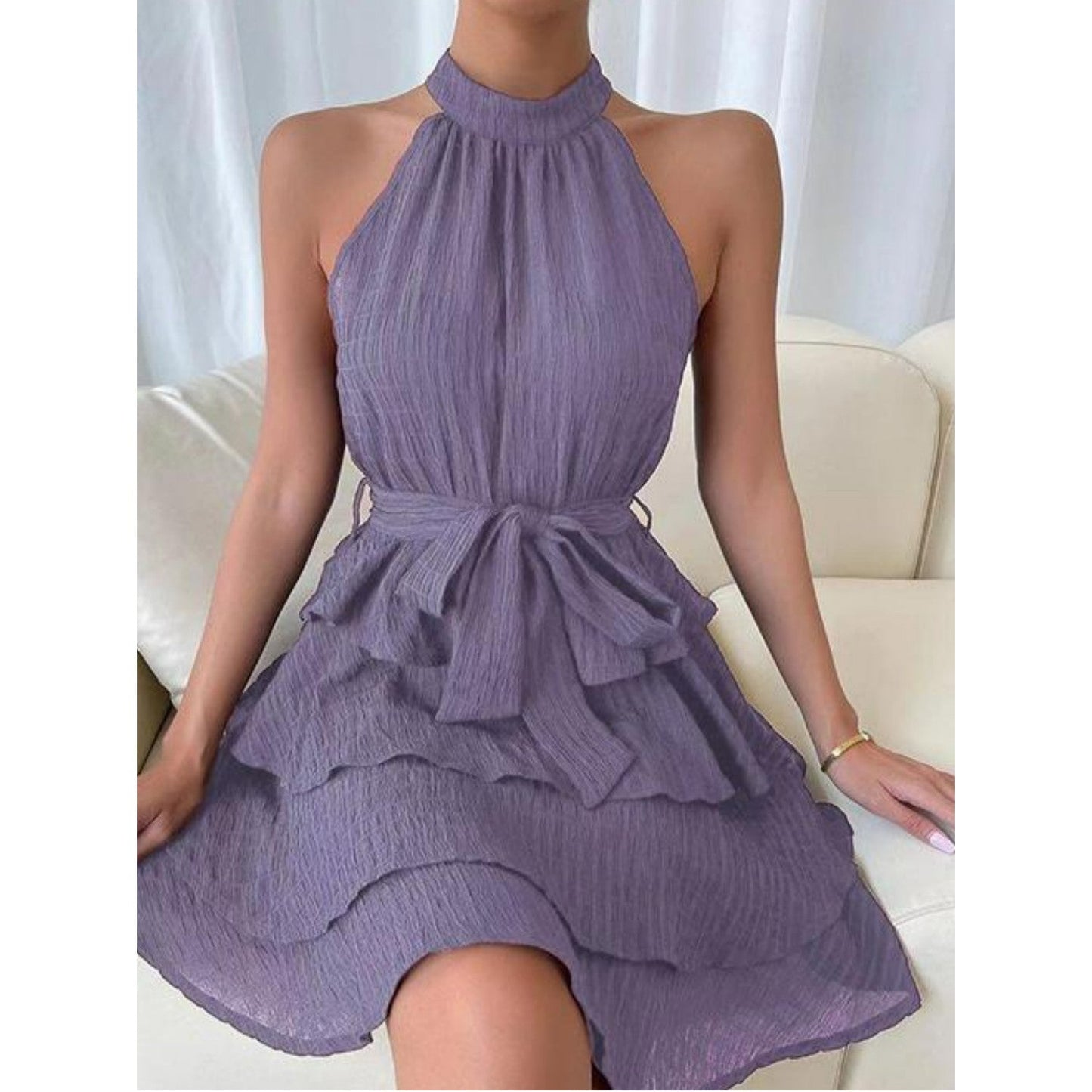Daniela | Boho short dress with flounces - backless, halterneck & waist belt for summer & festival - Image 5