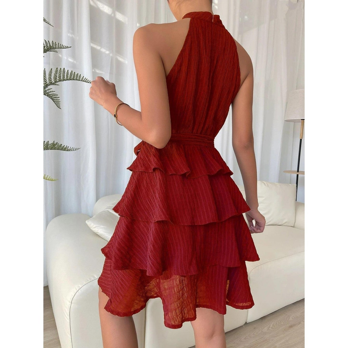 Daniela | Boho short dress with flounces - backless, halterneck & waist belt for summer & festival - Image 2