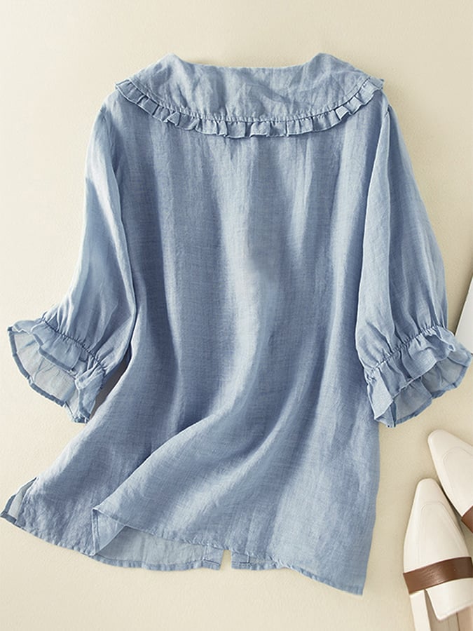 Lillian | Women's Stylish Cotton Linen Loose Ruffled Neck Shirt - Image 4