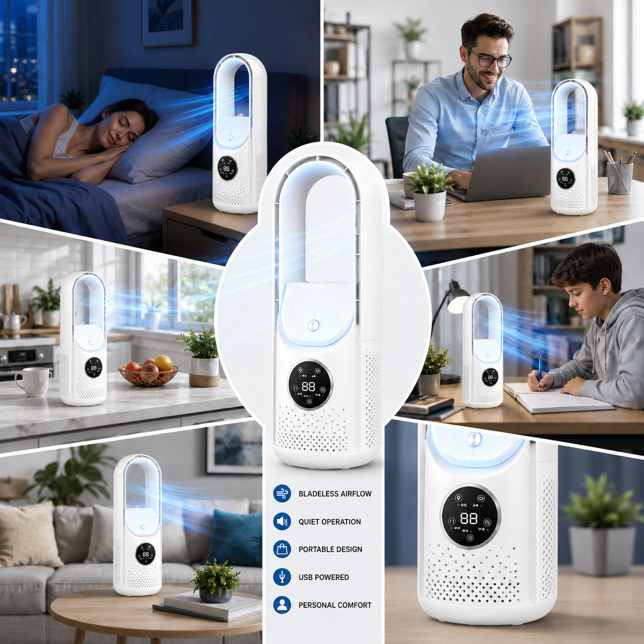 Bladeless Portable Air Cooler - Quiet & Compact Cooling for Home