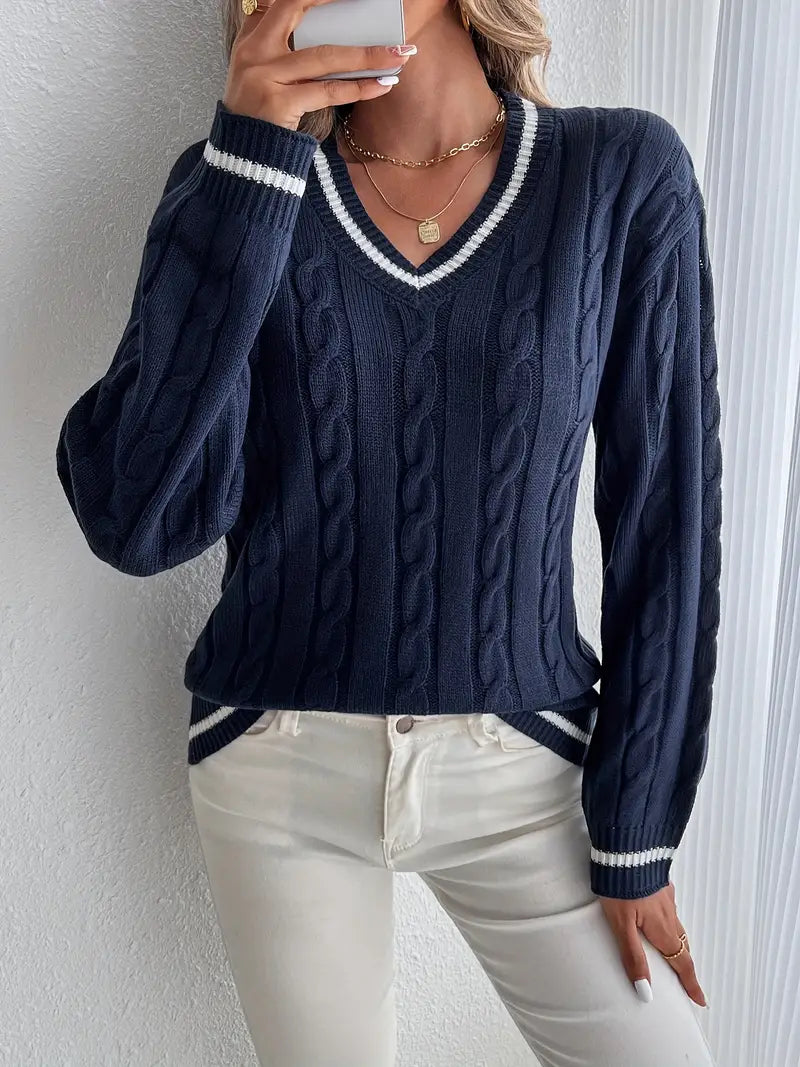 Alison | Women's V-Neck Cable Knit Sweater - Image 1