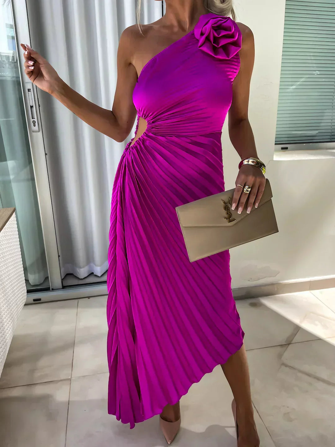 Mandy | Elegant Shoulder Pleated Dress - Image 10