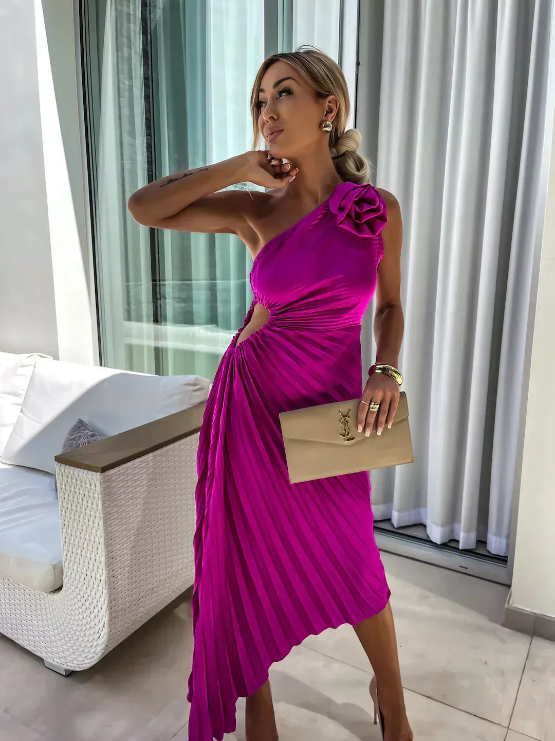 Mandy | Elegant Shoulder Pleated Dress - Image 9
