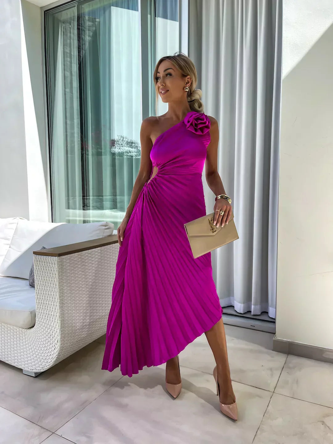 Mandy | Elegant Shoulder Pleated Dress - Image 8