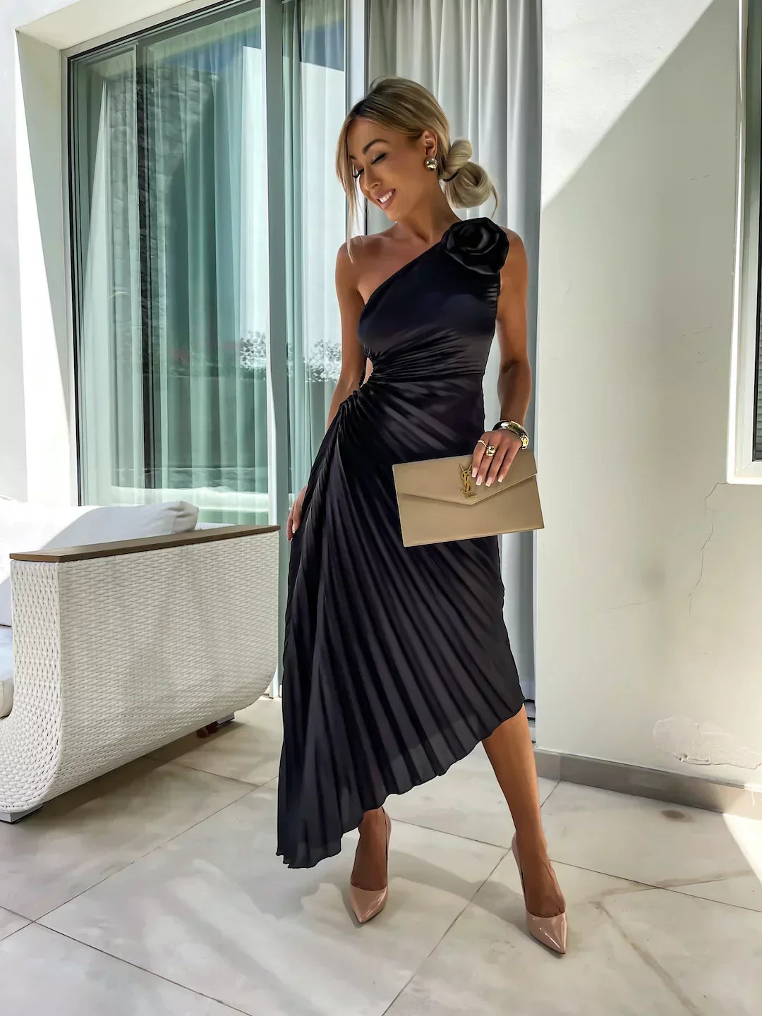 Mandy | Elegant Shoulder Pleated Dress - Image 5