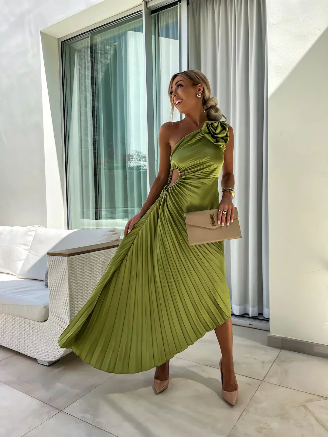 Mandy | Elegant Shoulder Pleated Dress - Image 2