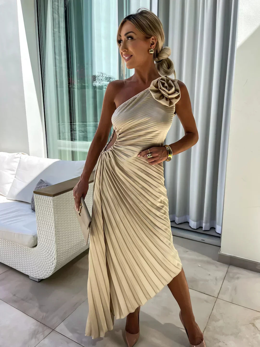 Mandy | Elegant Shoulder Pleated Dress - Image 12