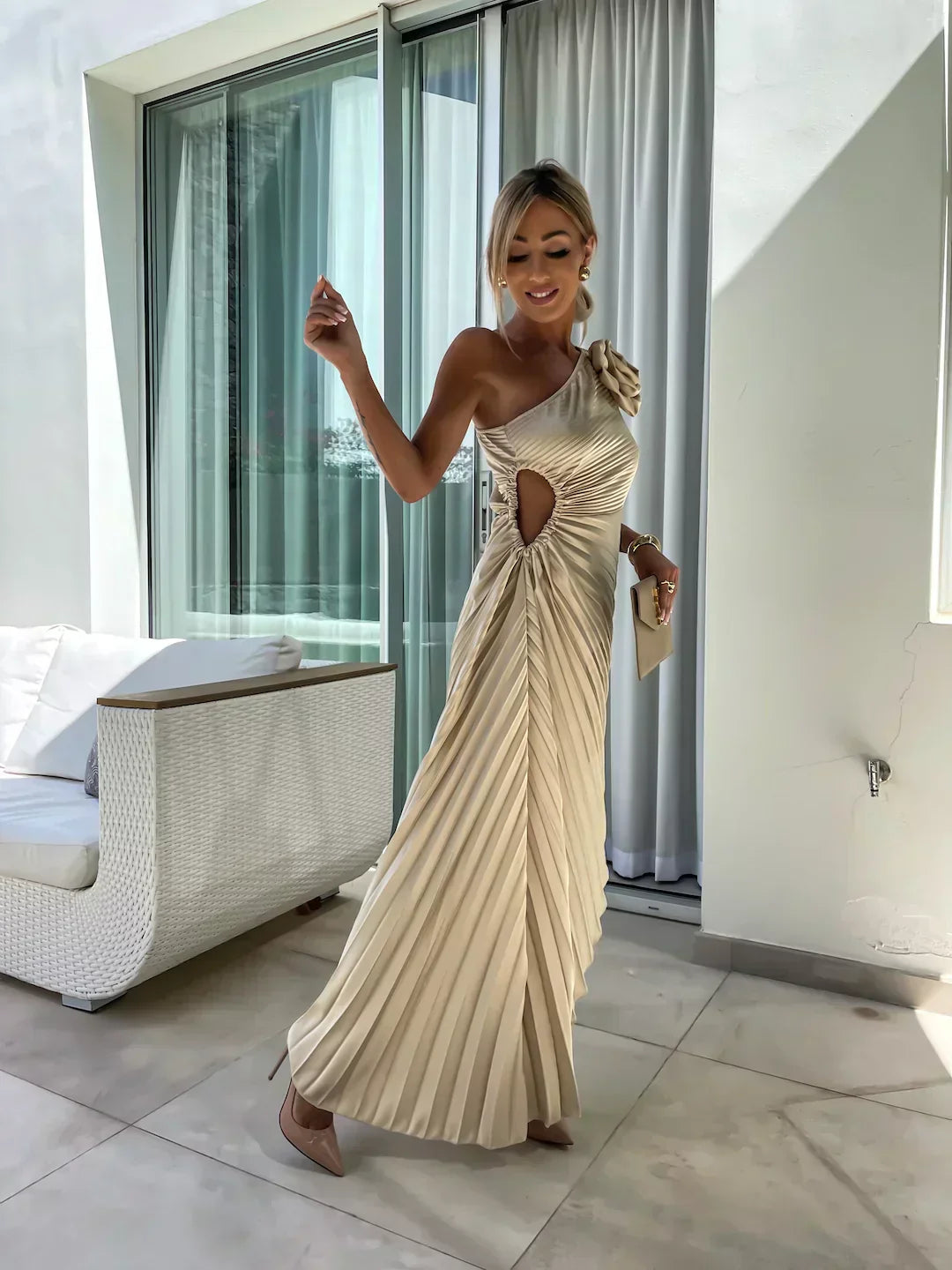 Mandy | Elegant Shoulder Pleated Dress - Image 13