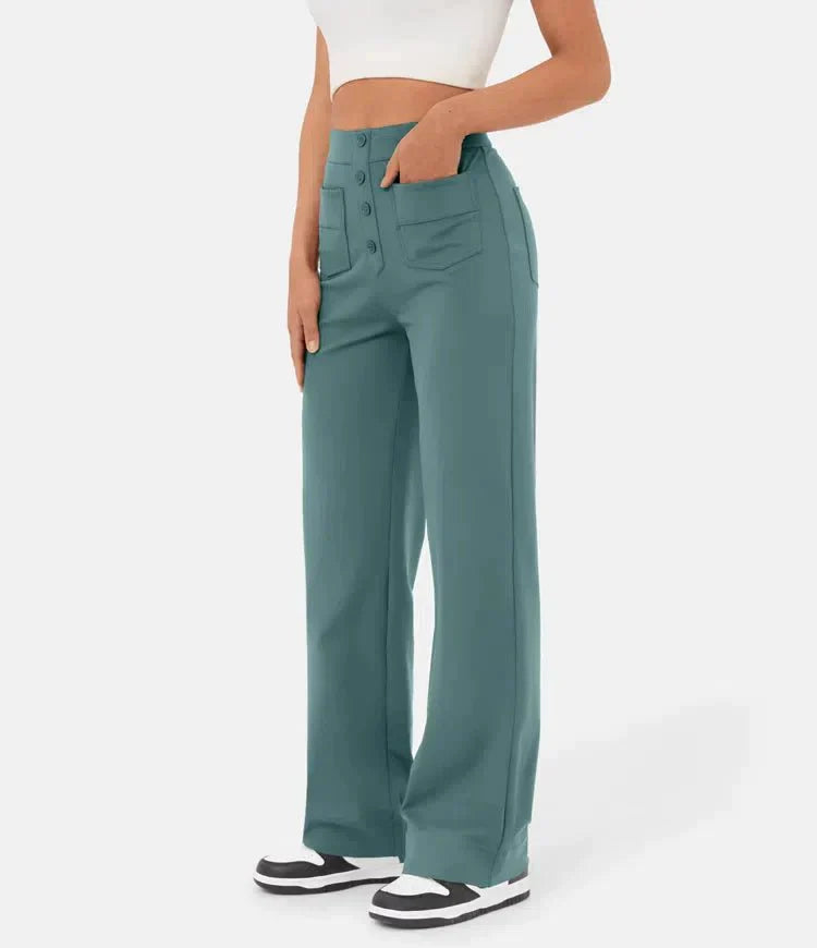Aimee | High Waist Relaxed Leg Trousers with Button Detail - Image 3