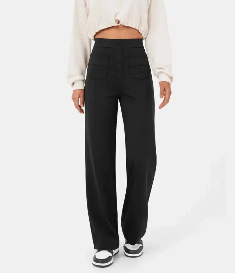 Aimee | High Waist Relaxed Leg Trousers with Button Detail - Image 8