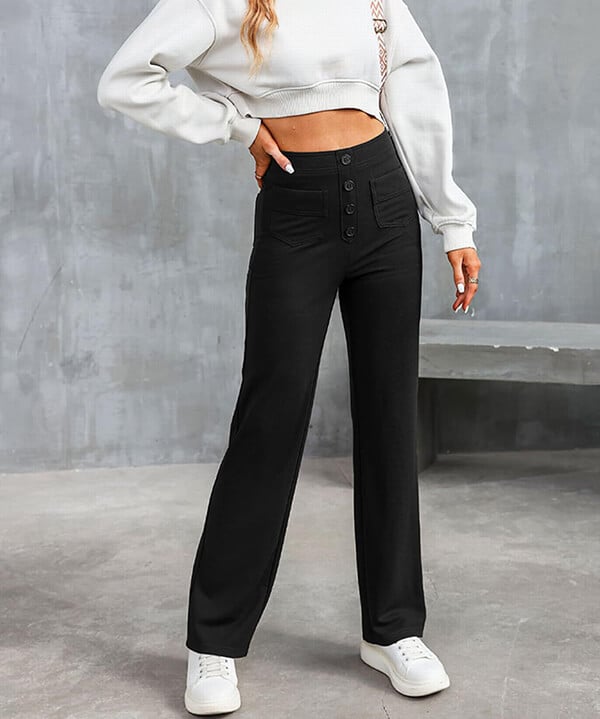 Aimee | High Waist Relaxed Leg Trousers with Button Detail - Image 9