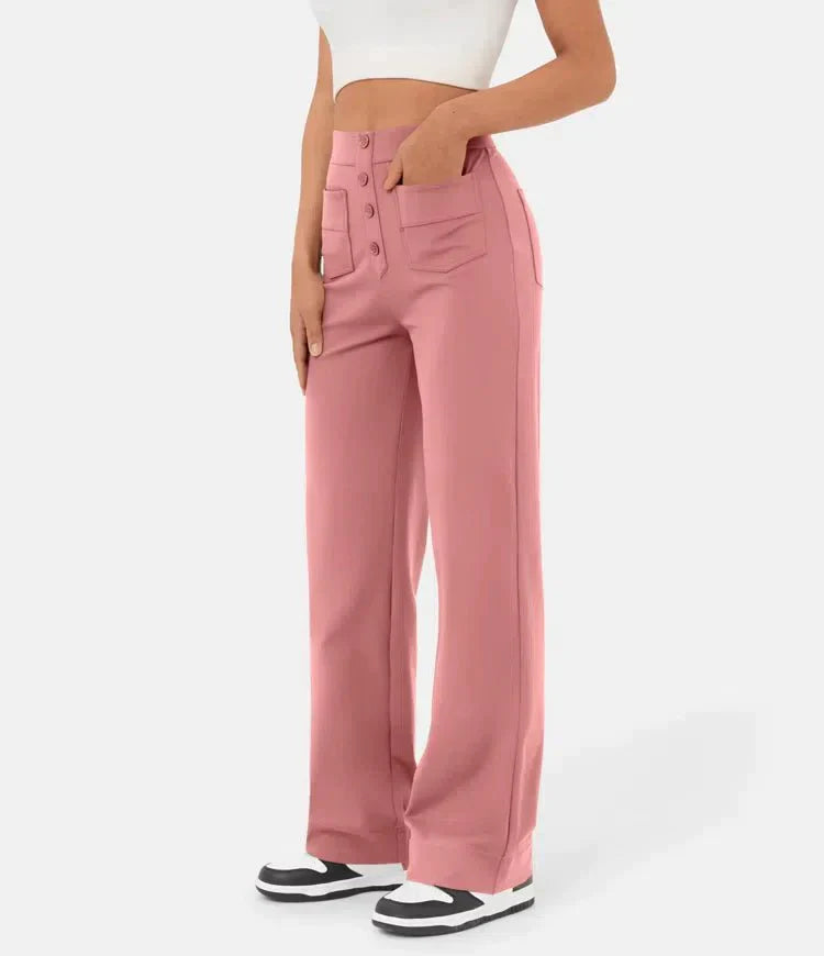 Aimee | High Waist Relaxed Leg Trousers with Button Detail - Image 5