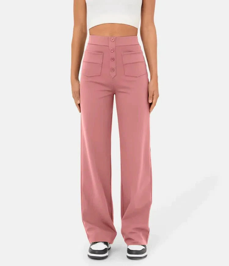 Aimee | High Waist Relaxed Leg Trousers with Button Detail - Image 4