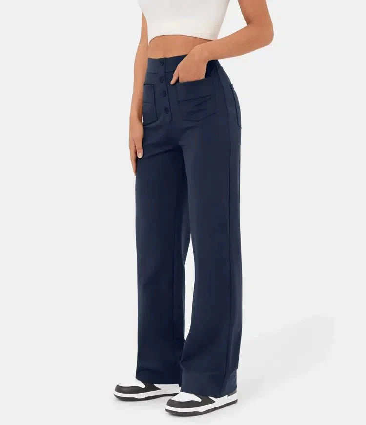 Aimee | High Waist Relaxed Leg Trousers with Button Detail - Image 10