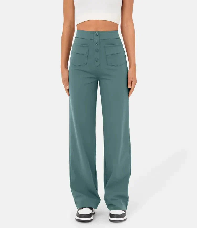 Aimee | High Waist Relaxed Leg Trousers with Button Detail - Image 1